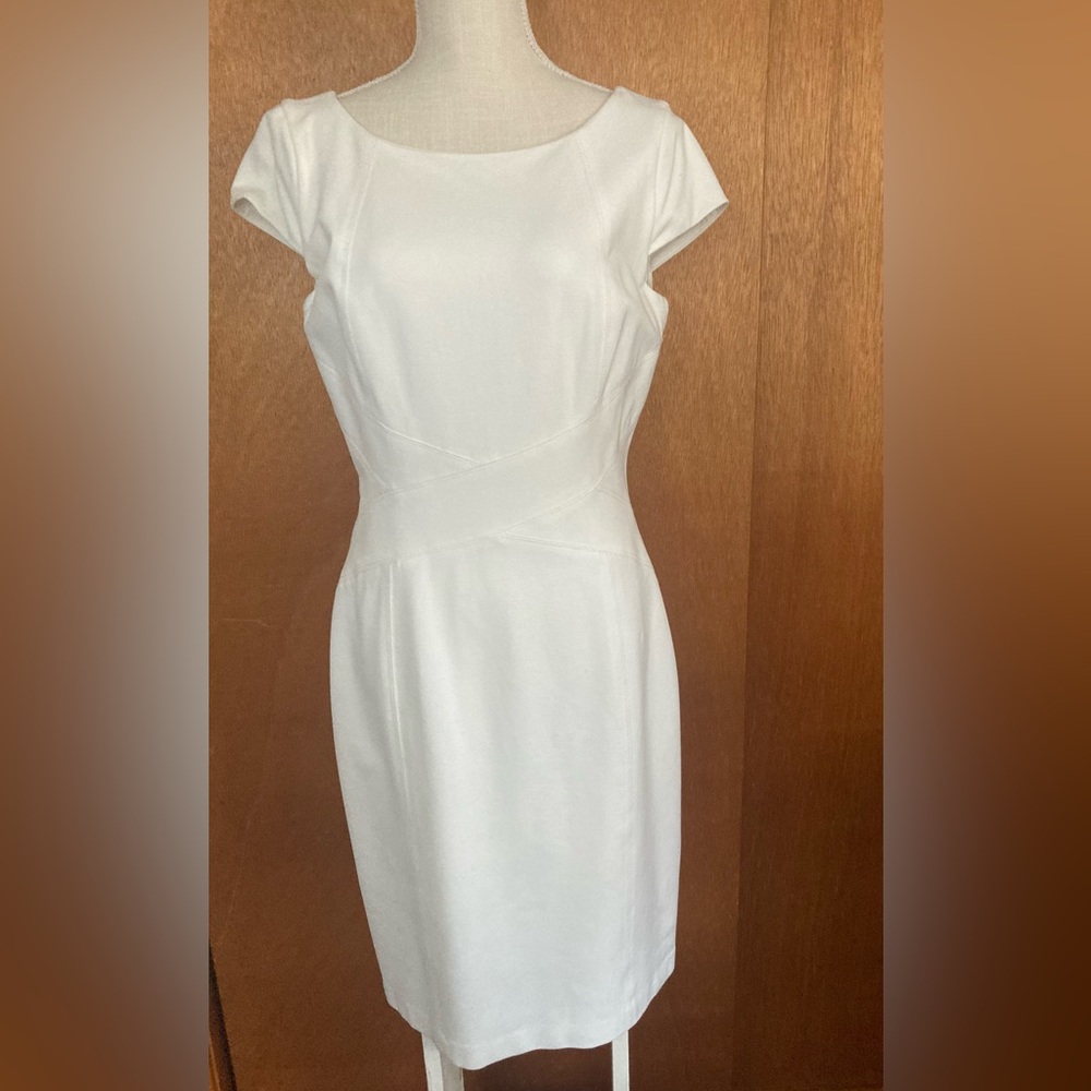 WHBMClassic White Sheath Dress with Cap Sleeves
